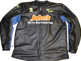 This is one of our 2012 custom jackets. John's Auto Restoration is cut out of Leather and the name is sewed in.